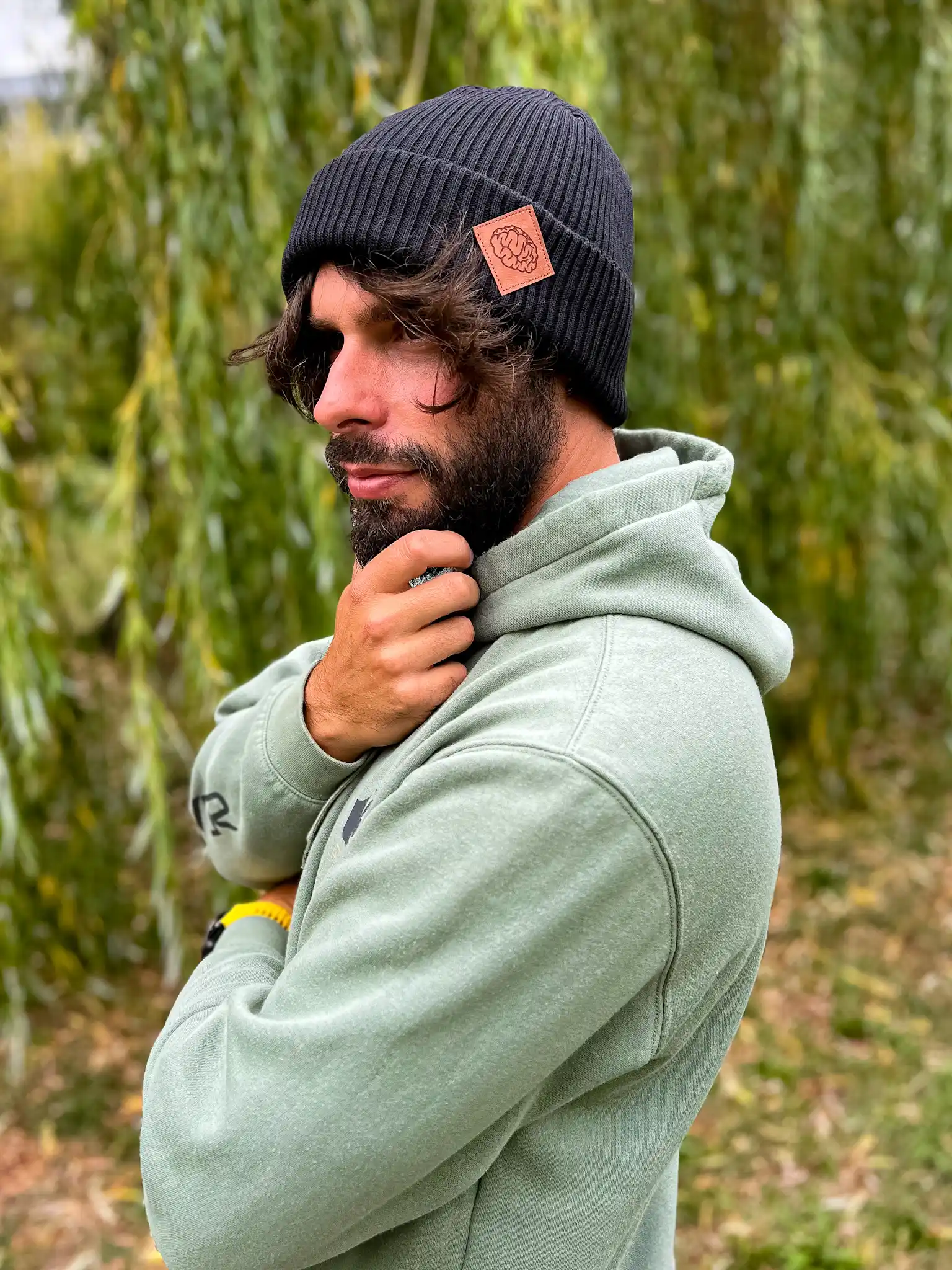 Męska bawełniana czapka beanie logo ekoskórka "Czarna" 178 Męska dokerka z bawełny, czarna