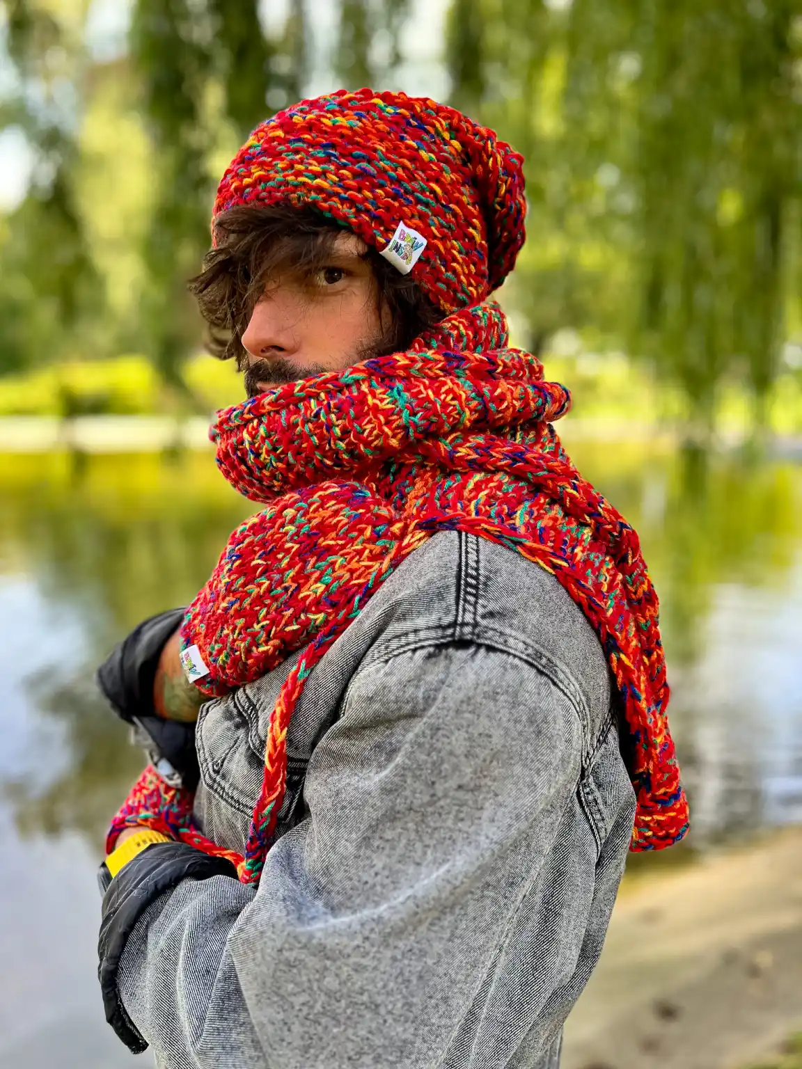 Męski SZAL MERINO 50% "Czerwienie szalik" 220 Czerwony meski szal handmade