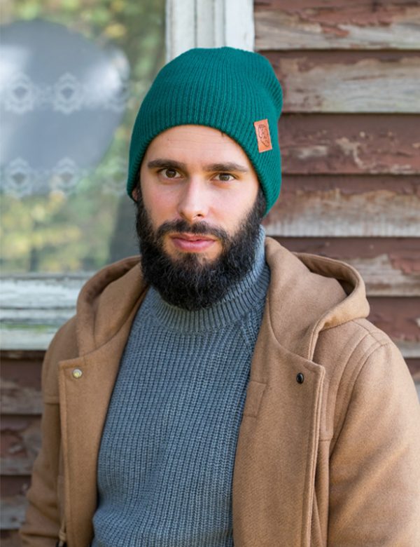 Męska czapka long logo ekoskórka "Zielony" 7 GLOWNE butelkowa beanie smerfetka czapka brain inside