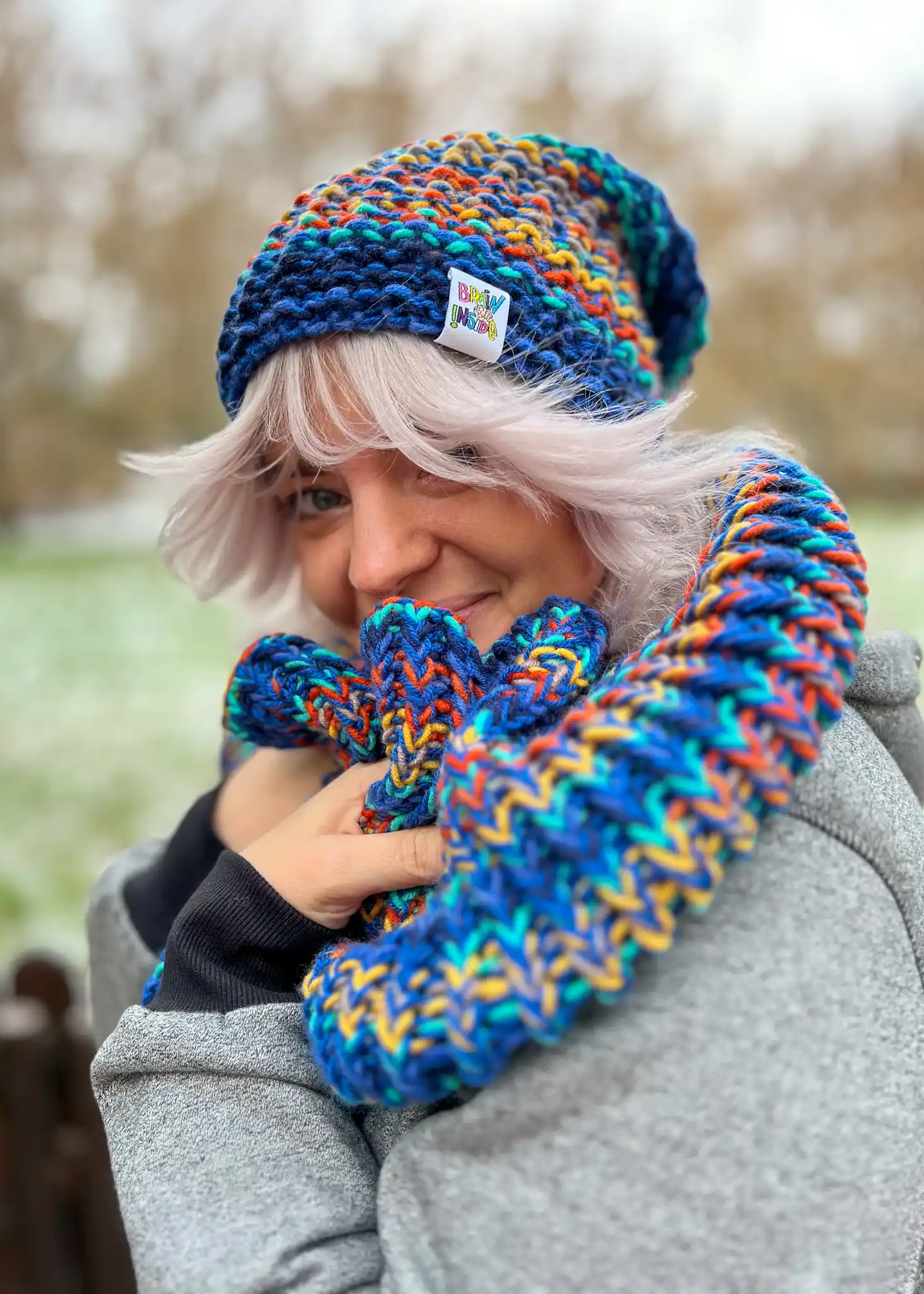 Komin ręcznie robiony "Górski potok" 164 GLOWNE czapka damska handmade granat