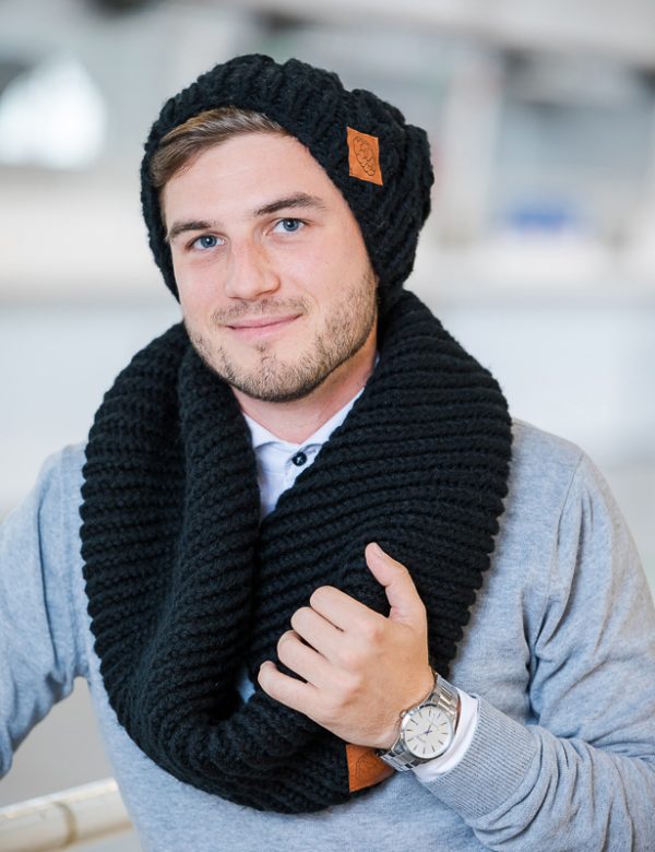Męski KOMIN na szyję z dodatkiem wełny "Czarny" 4 GLOWNE handmade czarny szalik meski brain inside