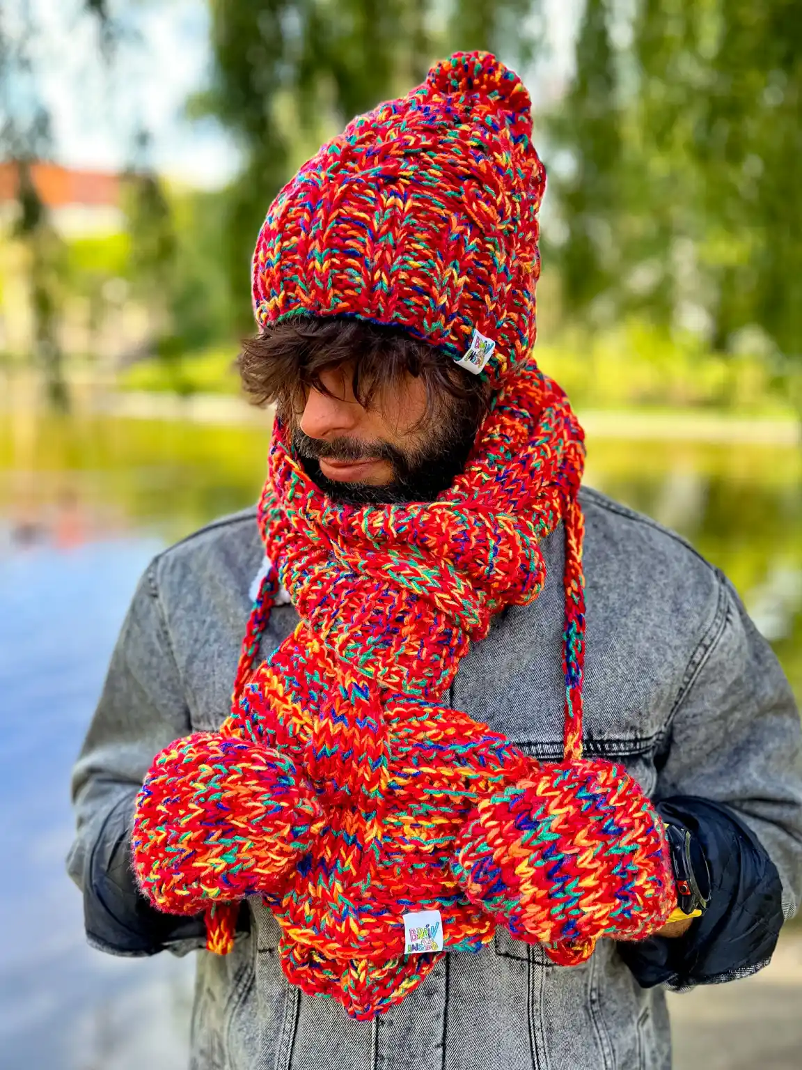 Męski SZAL MERINO 50% "Czerwienie szalik" 223 Meski szal kolorowy czerwony