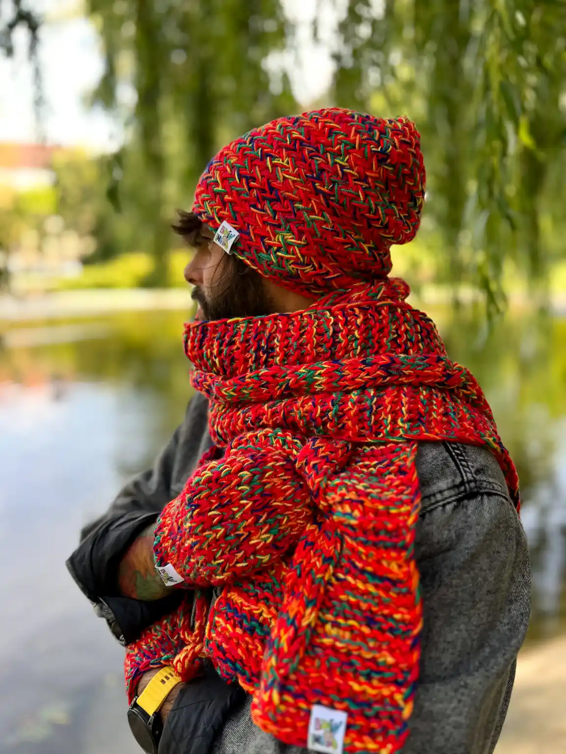 Męska czapka MERINO 50% EXPLORER ,,Czerwienie" 233 Stylowa meska czapka handmade bez pompona