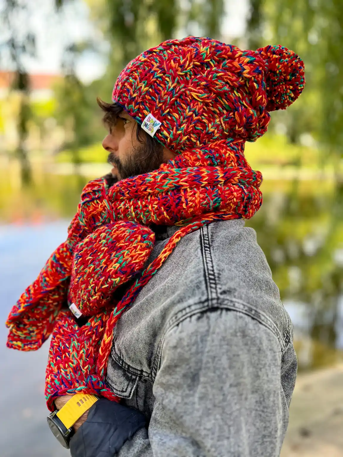 Męski SZAL MERINO 50% "Czerwienie szalik" 225 Unikalny meski szal handmade