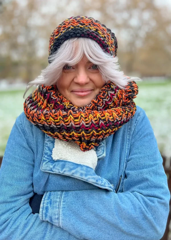 Komin MERINO 50% "Ciemna jesień" 11 bardzo ciepla czapka handmade