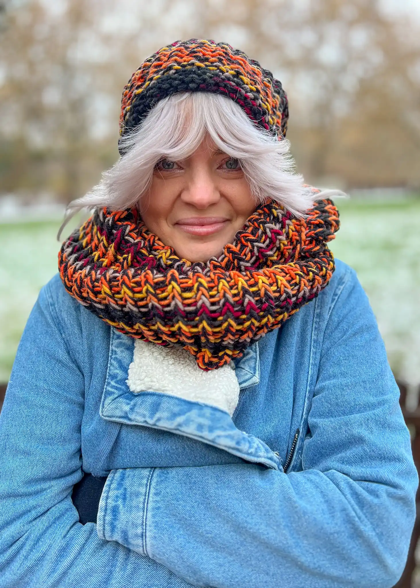 KOMIN na szyję z dodatkiem wełny "Ciemna jesień" 49 bardzo ciepla czapka handmade