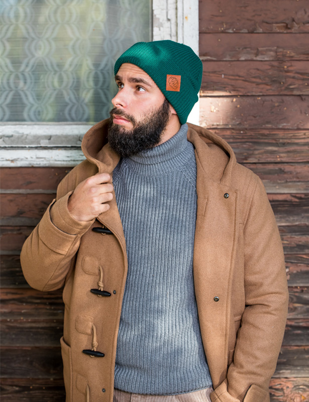Męska czapka long logo ekoskórka "Zielony" 189 butelkowa beanie dla mezczyzn brain inside