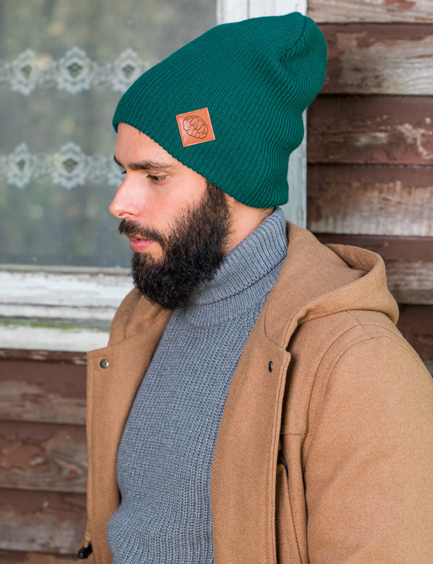 Męska czapka long logo ekoskórka "Zielony" 188 butelkowa beanie smerfetka czapka brain inside meska