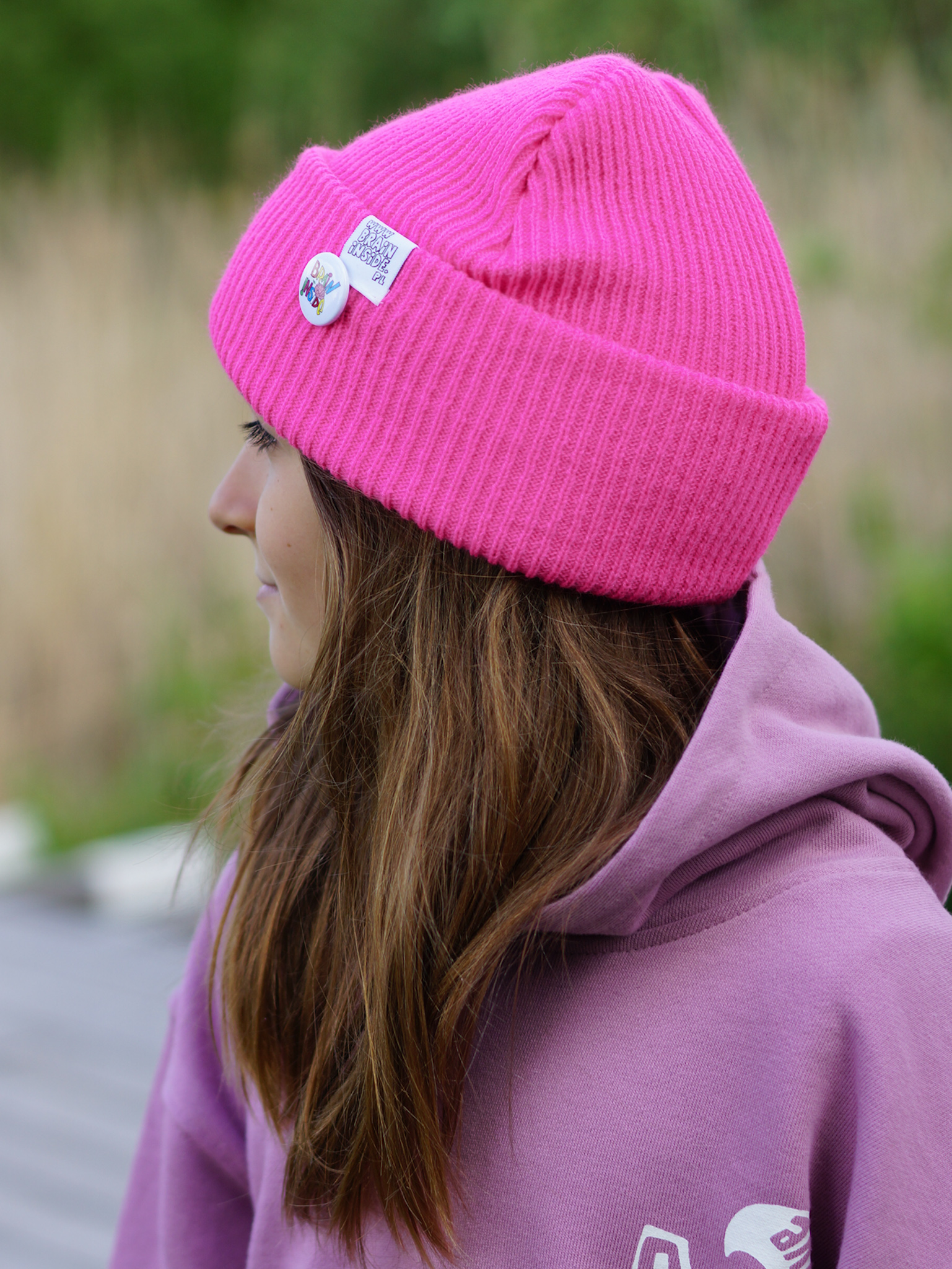 Czapka beanie dla dziecka logo kolorowe "Neonowy różowy" 182 czapka dla dziecko fluo pink Brain Inside 1