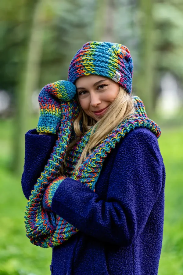 Komin MERINO 50% "Tęcza Błękit" 14 czapka oversize kolorwa