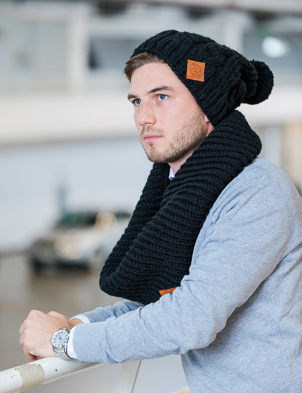 Męski KOMIN na szyję z dodatkiem wełny "Czarny" 29 handmade czarny szal meski brain inside