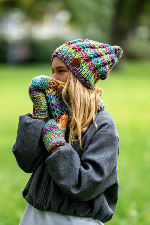 Mały komin MERINO 100% "Cukierki" 12 jedwabna podszewka pod czapke