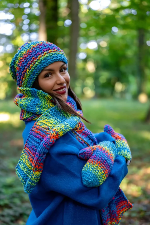 Czapka MERINO 50% ,,Tęcza błękit" NEVERLAND 15 kolorowe rekawiczki cieple