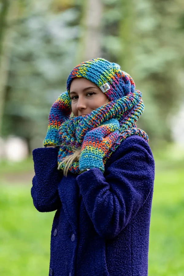 Komin MERINO 50% "Tęcza Błękit" 13 kolorowy komplet zimowy merino 1