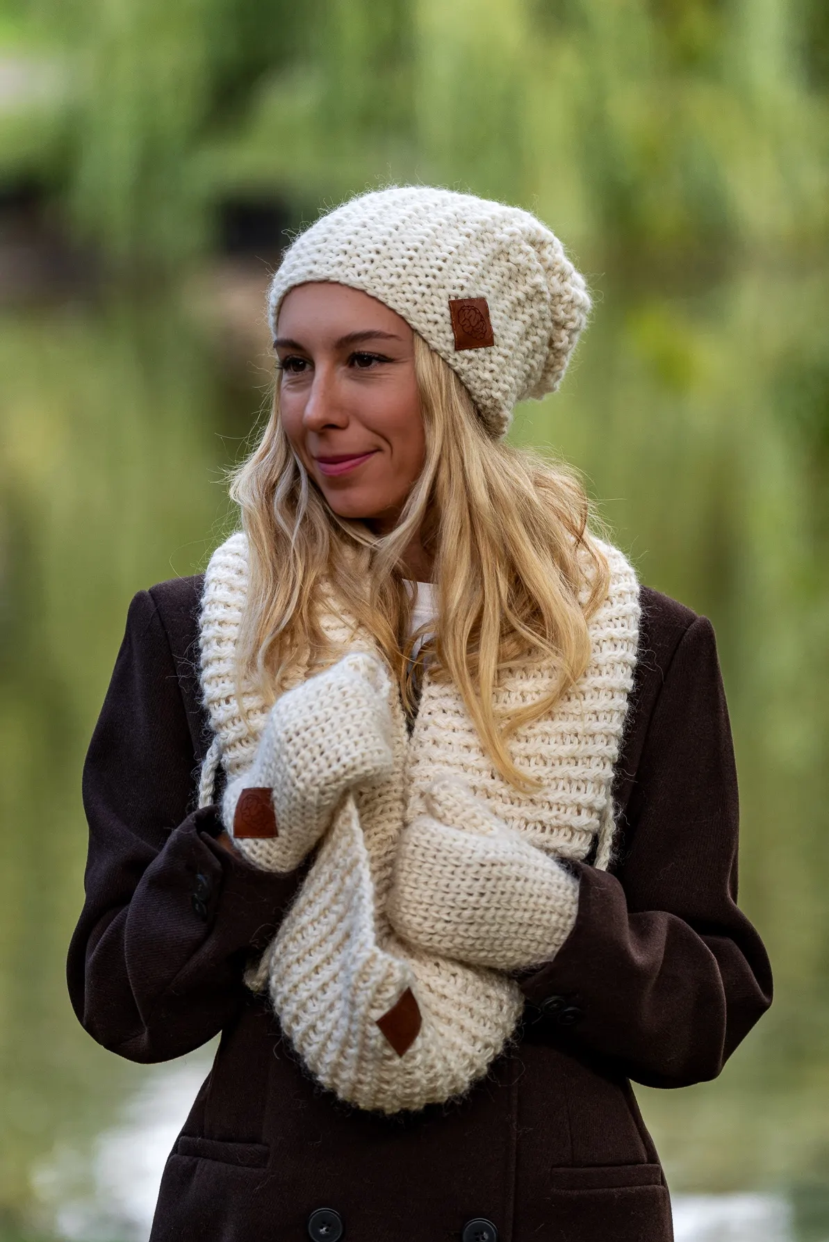 Czapka MERINO Neverland "Ecru" + podszewka JEDWAB 165 komin zimowy damski merino ecru