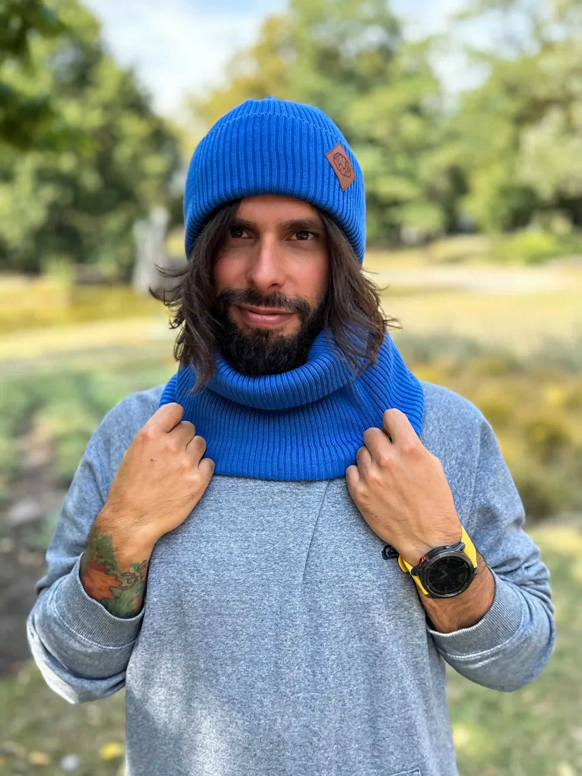 Męska bawełniana czapka beanie logo ekoskórka "Niebieski Kobalt" 31 meski niebieski szalik bawelna scaled 1