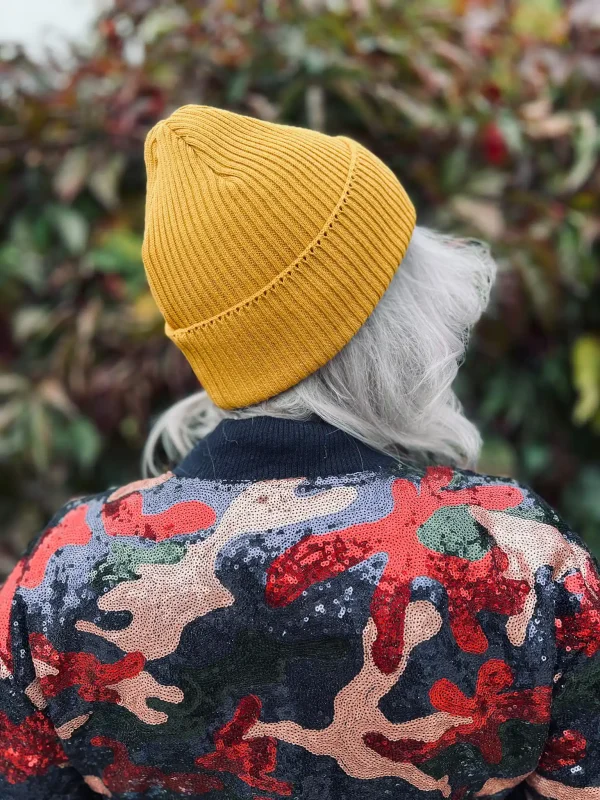 Czapka beanie z bawełny logo kolorowe "Miodowa musztarda" 13 musztardowa bawelniana czapka dwustronna