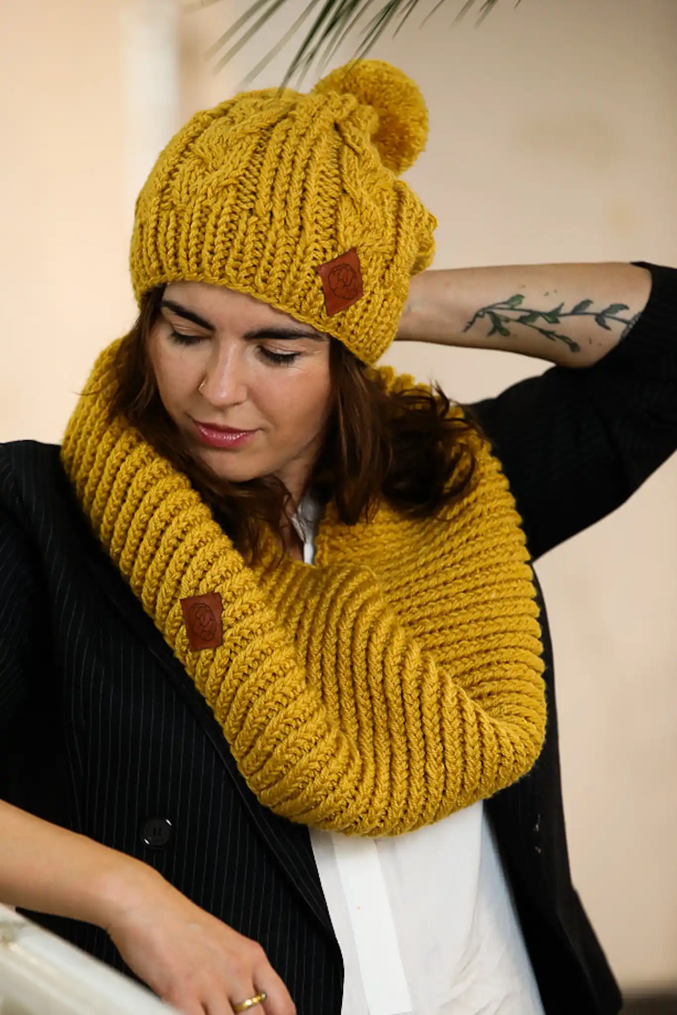 KOMIN na szyję z dodatkiem wełny "Miodowa musztarda" 128 musztardowy komin handmade