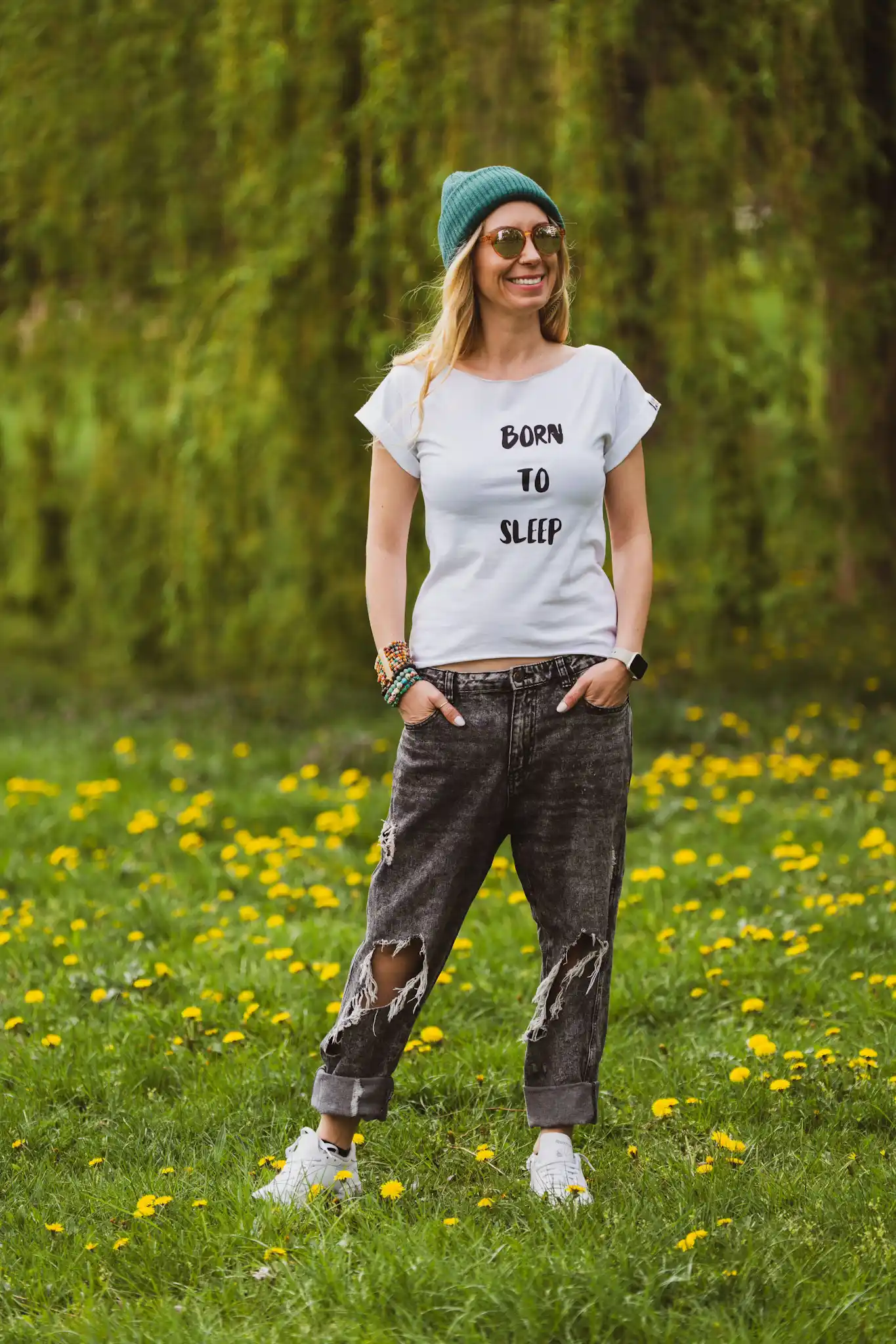 Biała koszulka z napisem Born to Sleep 61 t shirt oversize biala bawelna