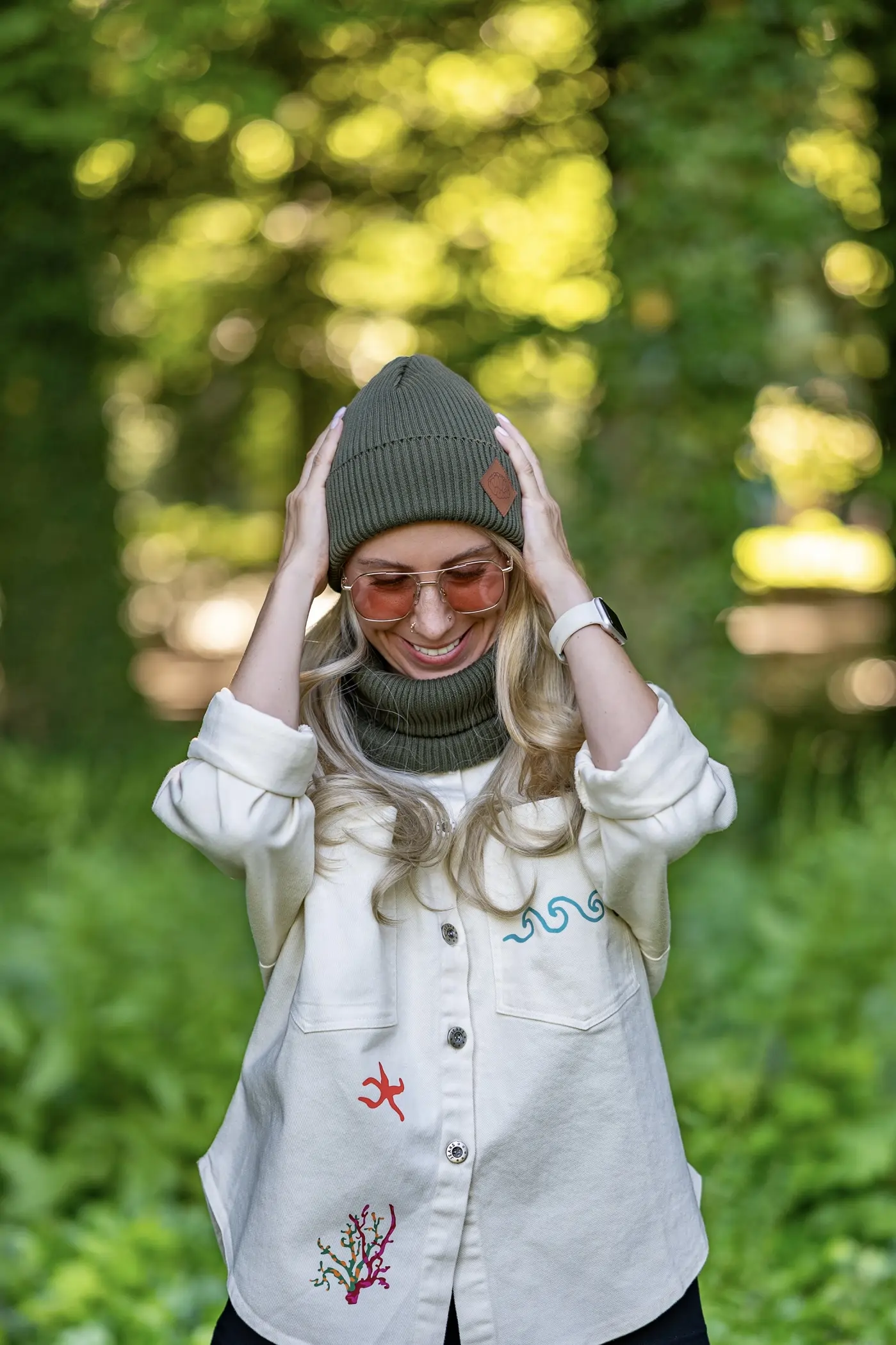 Bawełniana czapka wywijana logo ekoskórka "Khaki Ciemny Zielony" 7 Glowne beanie skorka