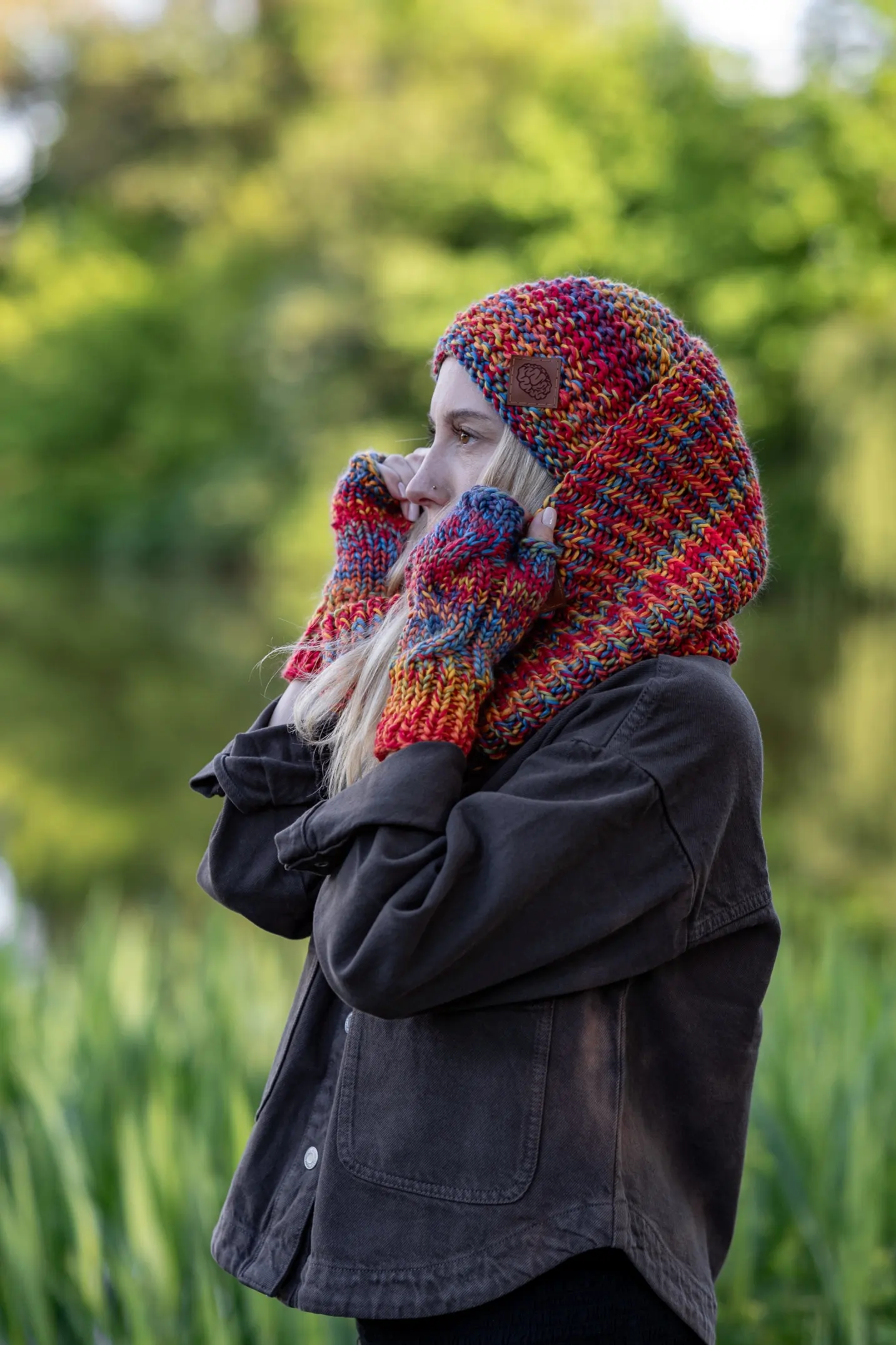 Komin MERINO 100% „Przygaszone Czerwienie” 208 czapka i komin na zimę