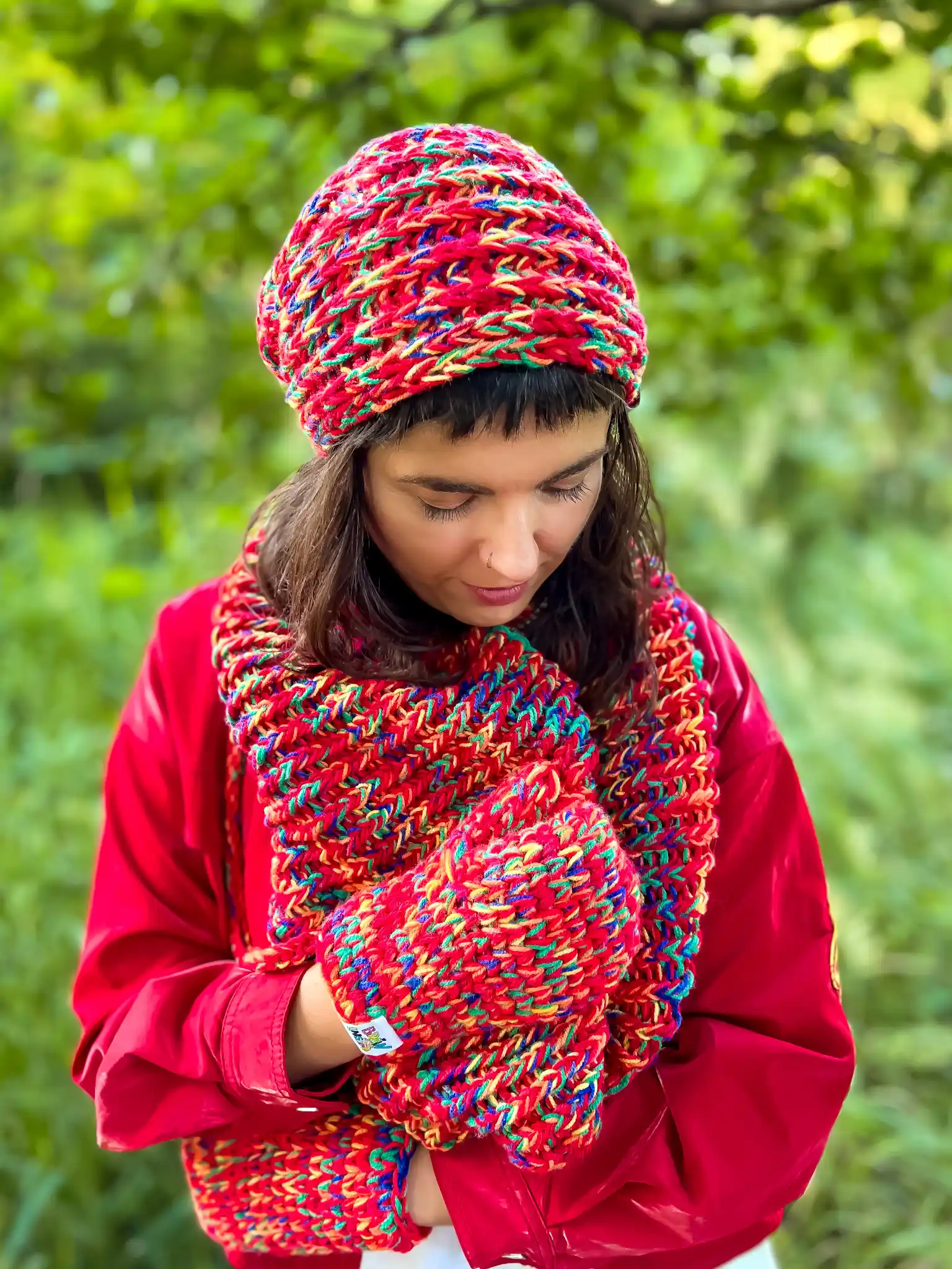 Komin MERINO 50% ręcznie robiony "Czerwienie" 50 czerwony komin, zawijany na dwa razy, ręcznie wykonany