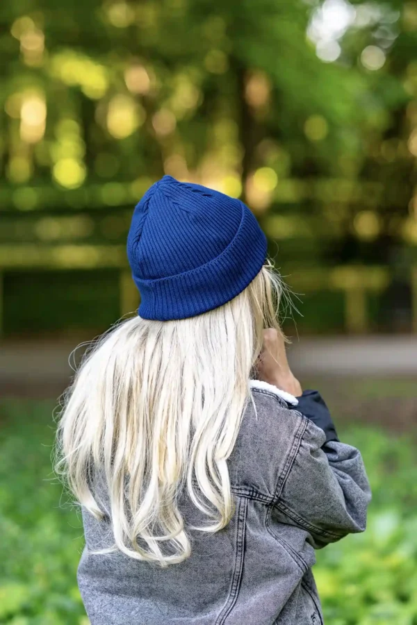 Bawełniana czapka beanie logo ekoskórka "Ciemny Granat Navy" 7 damska czapka beanie