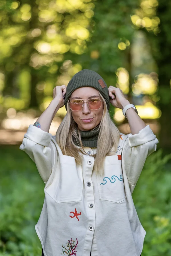 Bawełniana czapka wywijana logo ekoskórka "Khaki Ciemny Zielony" 20 modna damska czapka