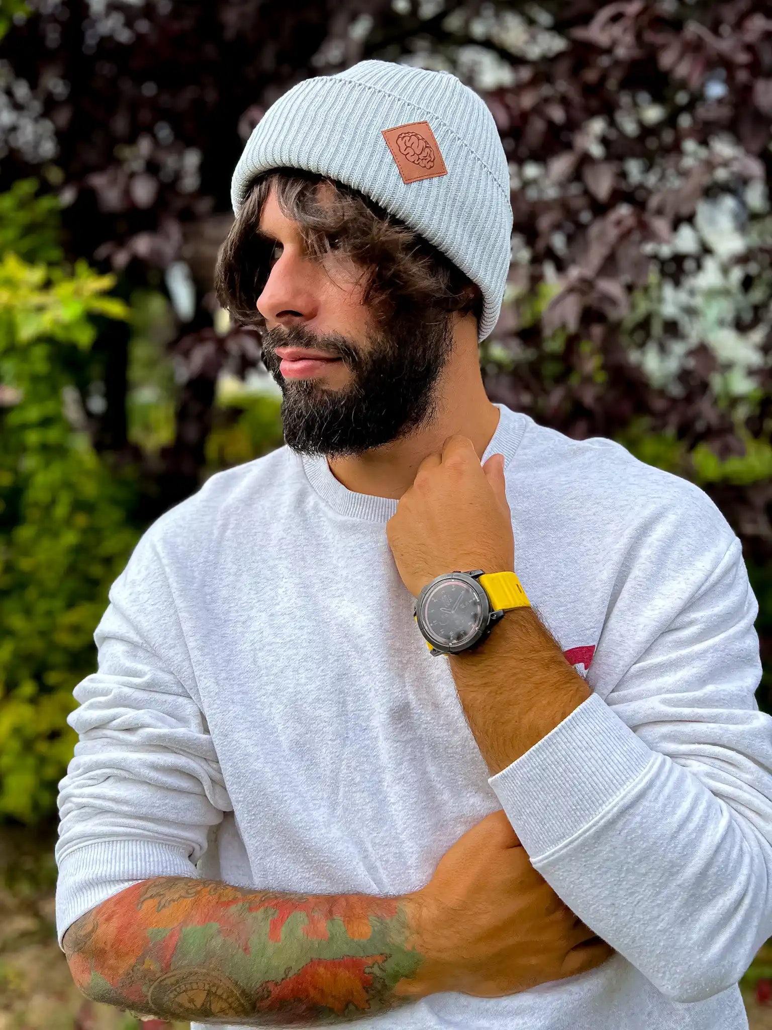 Męska bawełniana czapka beanie logo ekoskórka "Jasny szary" 71 Jesienna czapka męska