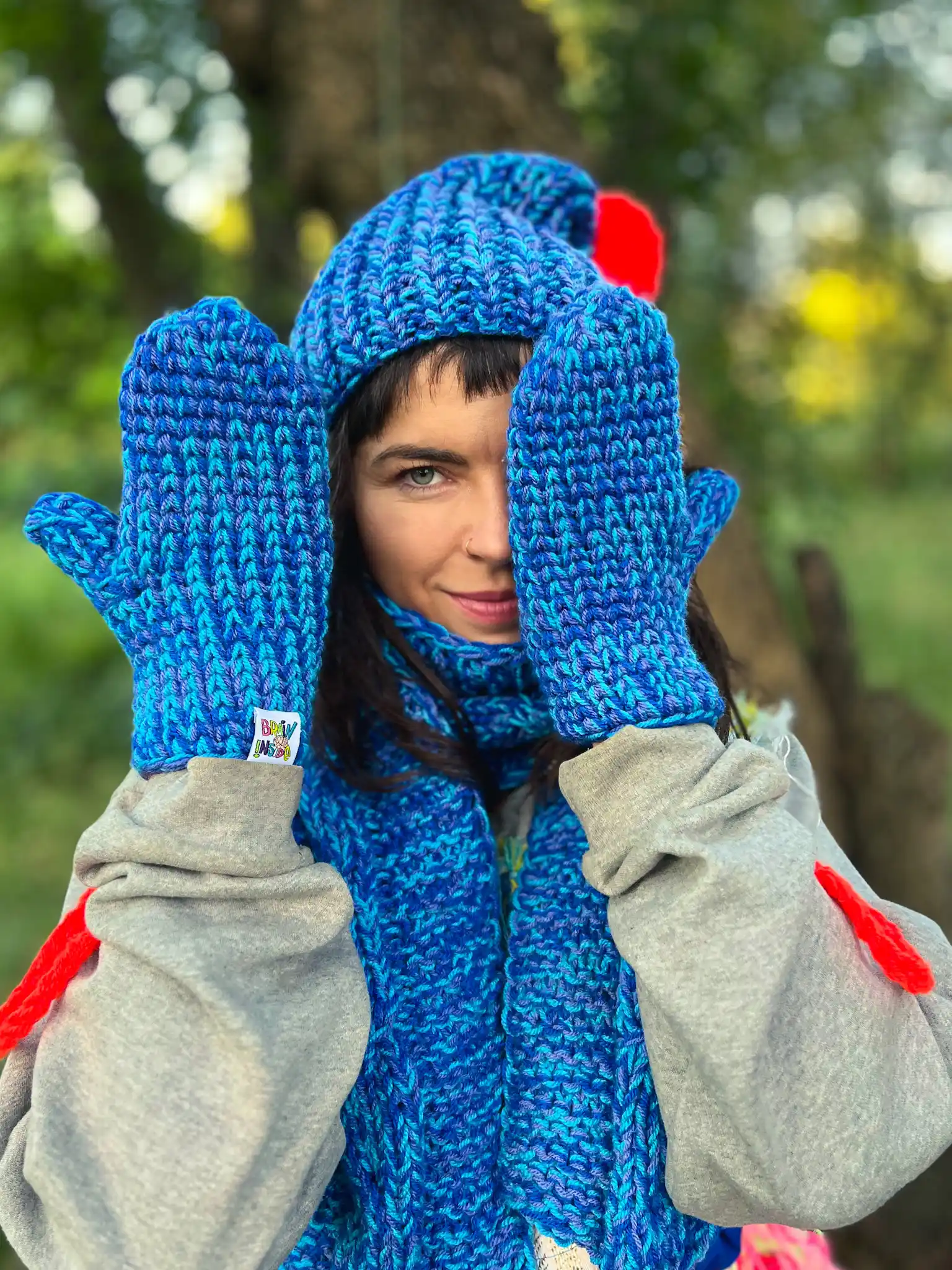 Rękawiczki handmade ze sznureczkiem ,,Niebieskości" 216 Oldschool rękawiczki jednopalczaste, ręcznie robione, ciepłe i miękkie