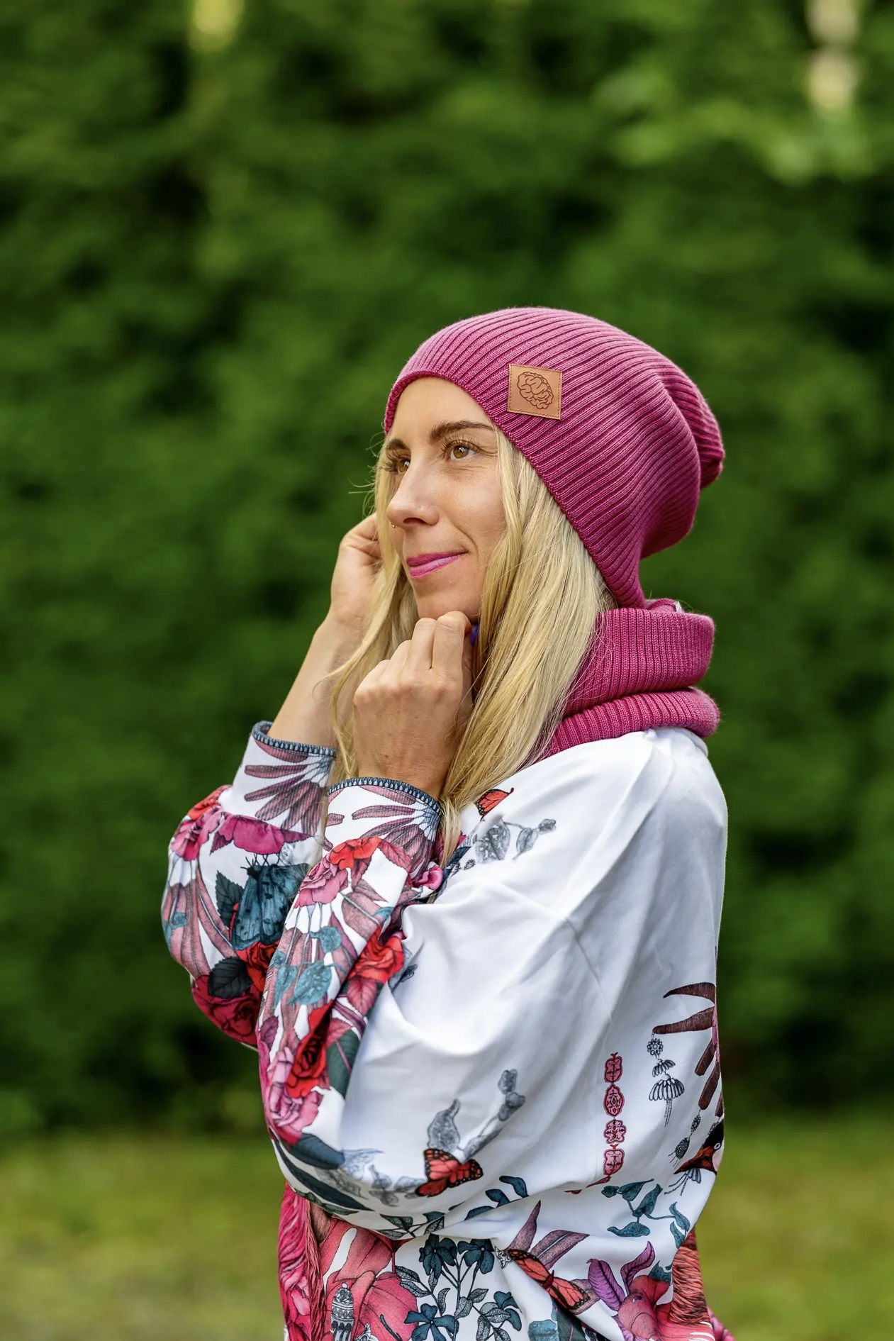 Damski zimowy buff MERINO "Palona Malina" 31 ciepła czapka merino