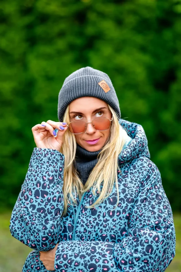 Czapka beanie MERINO logo ekoskórka "Ciemny Szary" 14 czapka beanie damska