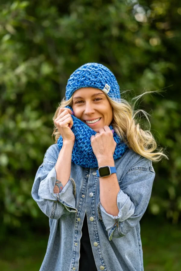 Czapka MERINO 100% ,,Niebieskości" HOPE + podszewka BAWEŁNA 13 czapka bez pompona