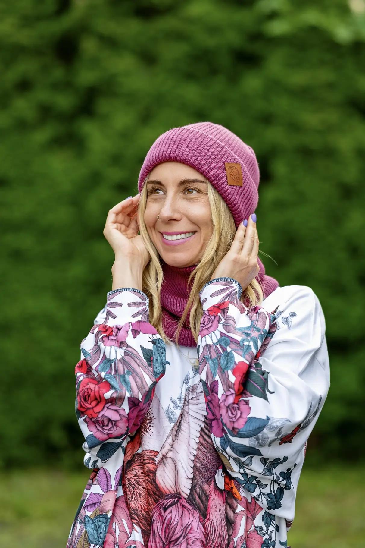 Damski zimowy buff MERINO "Palona Malina" 32 czapka komin merino