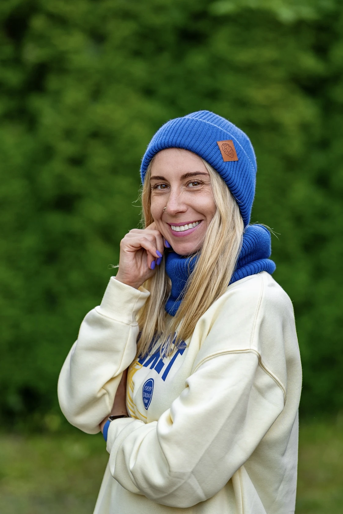 MERINO czapka beanie logo ekoskórka "Niebieski Kobalt" 56 czapka merino na zimę