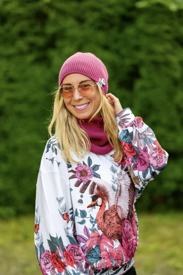 Damski zimowy buff MERINO "Palona Malina" 14 czapka z merino