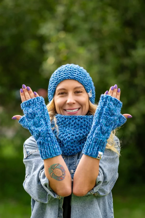 Mitenki MERINO 66% ,,Niebieskości" 14 niebieskie mitenki merino