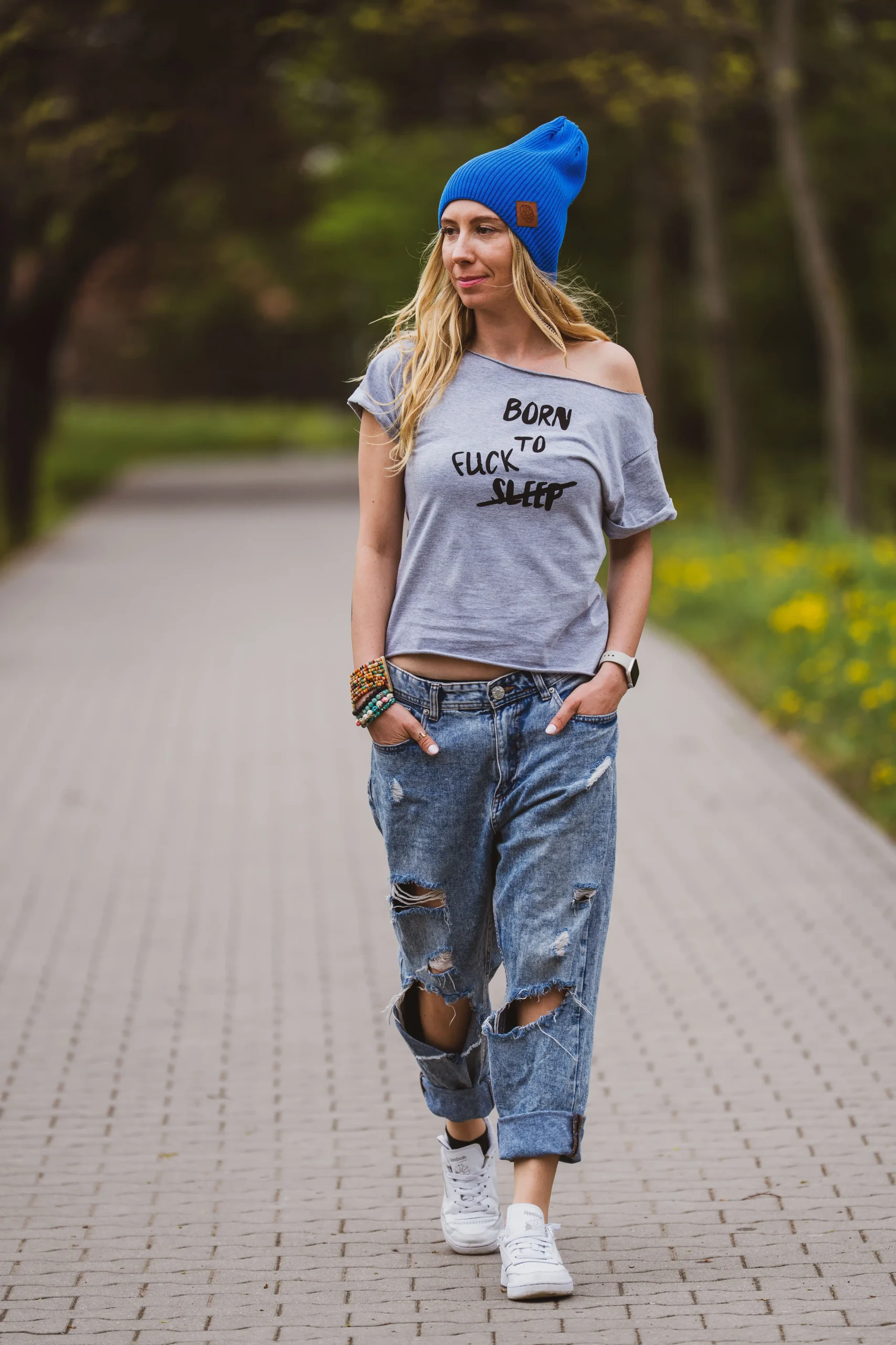 Szary t-shirt z napisem Born to fuck 33 szara koszulka oversize z napisem